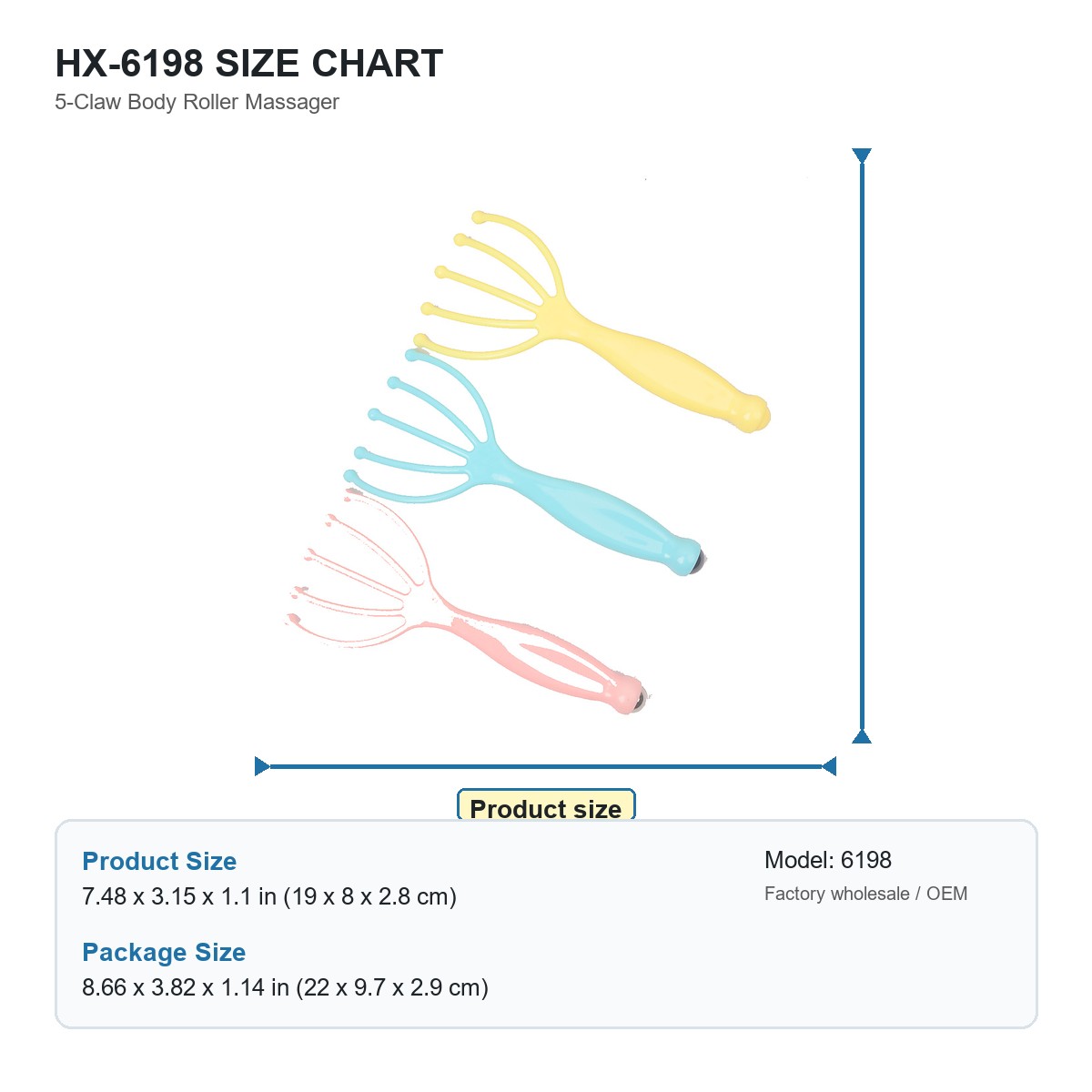 HX-6198 5-Claw Body Roller Massager size chart