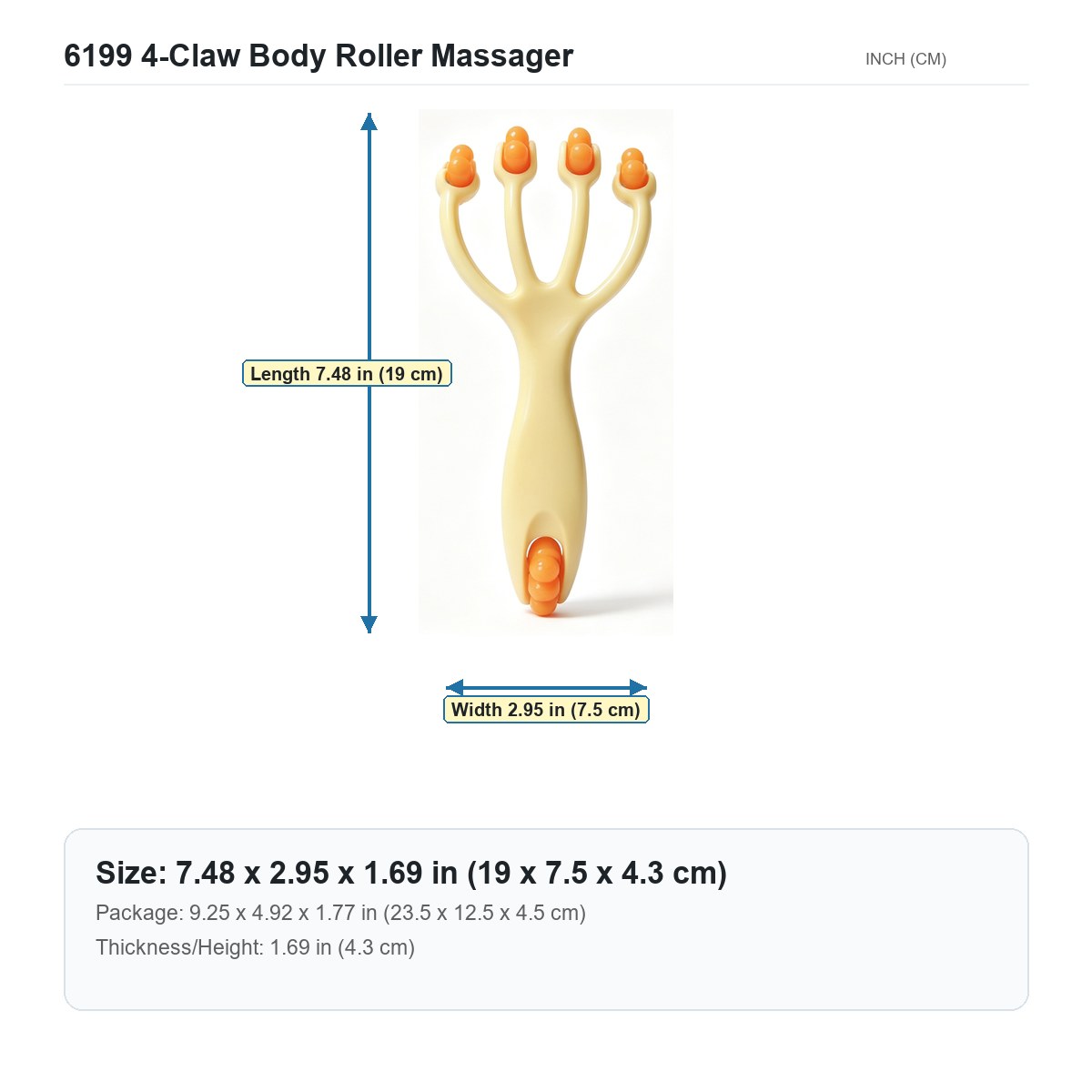 HX-6199 4-Claw Body Roller Massager size chart