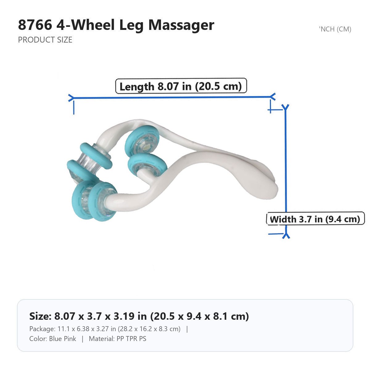 HX-8766 4-Wheel Leg Massager size chart