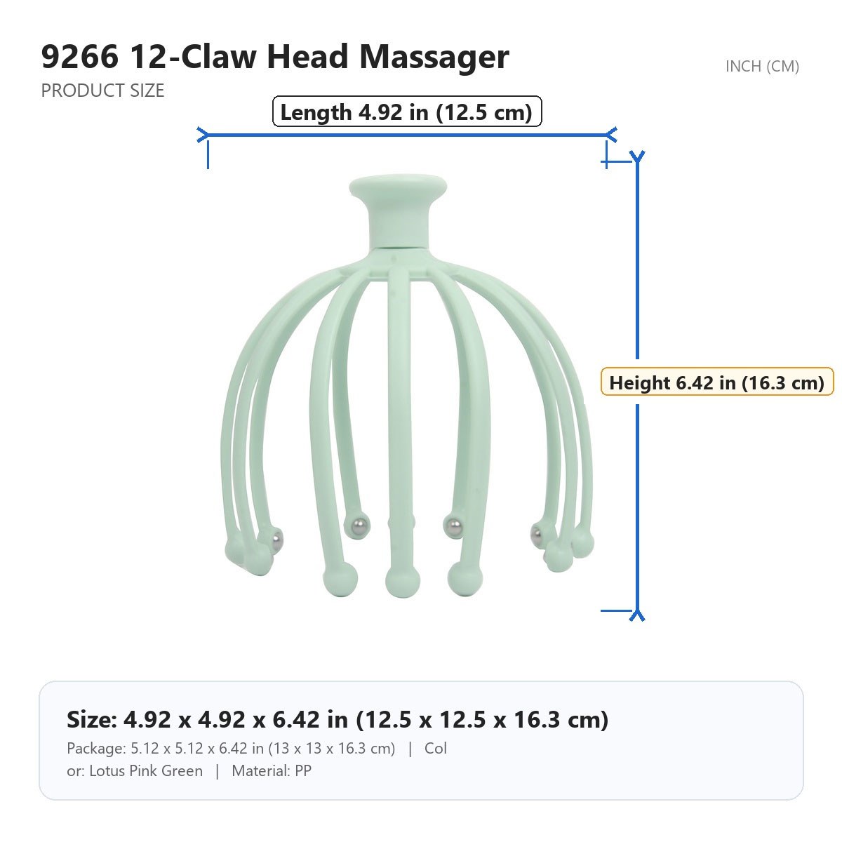 HX-9266 12-Claw Head Massager size chart
